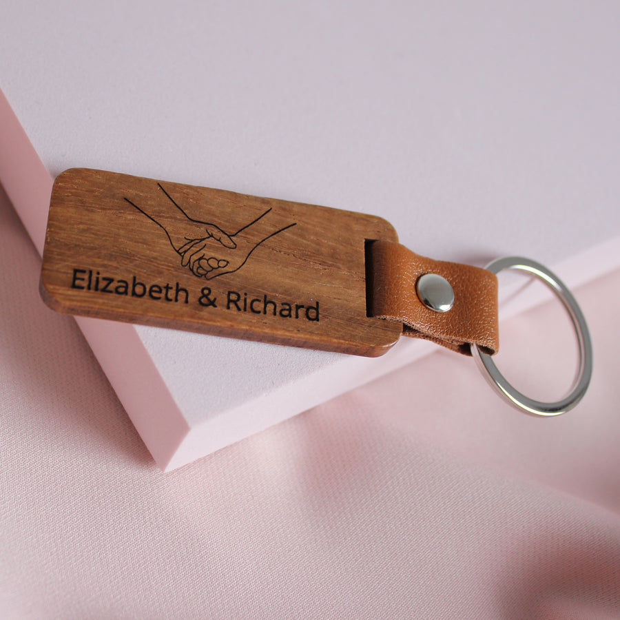 Personalized Wooden Couple Keychain with Leather Element - Unique and Stylish Gift